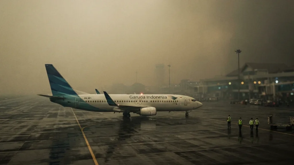 kabut tebal di area bandara yang mengakibatkan jadwal penerbangan tertunda dan perlu pemantauan reaktif menggunakan alat ukur kualitas udara