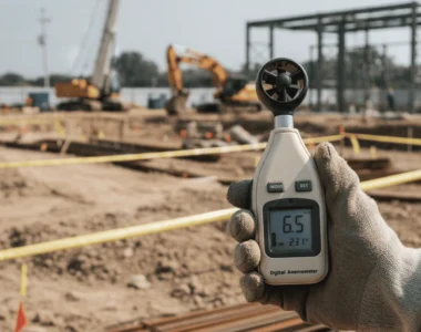 Anemometer digital modern di tangan profesional menampilkan kecepatan angin di luar ruangan.