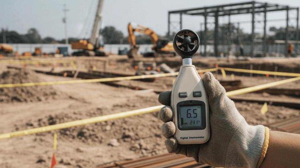 Anemometer digital modern di tangan profesional menampilkan kecepatan angin di luar ruangan.