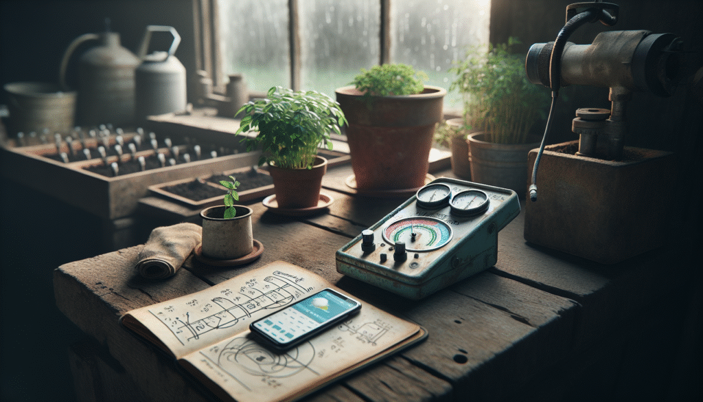 A weathered soil moisture meter and smartphone with weather app on a rustic farm table, illustrating technology for adapting agriculture to extreme weather.