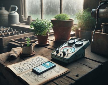 A weathered soil moisture meter and smartphone with weather app on a rustic farm table, illustrating technology for adapting agriculture to extreme weather.