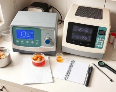 Aw meter and moisture analyzer side by side on lab bench with open tuna can, showing water activity and moisture readings for canned fish quality.