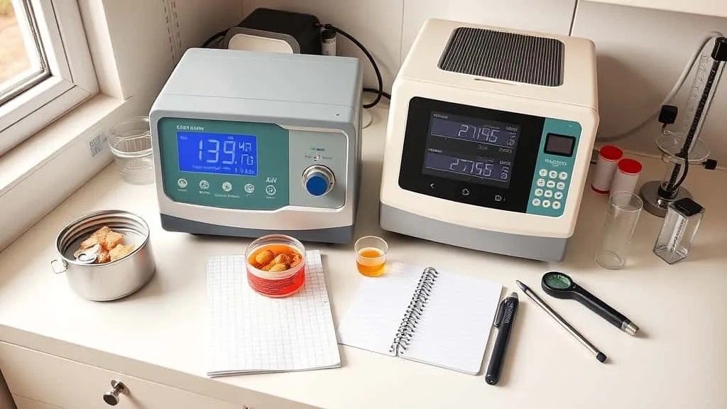 Aw meter and moisture analyzer side by side on lab bench with open tuna can, showing water activity and moisture readings for canned fish quality.