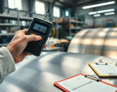 Portable handheld turbidity meter measuring surface cleanliness on a hot-rolled steel coil, with digital NTU display in crisp focus at a professional inspection station.