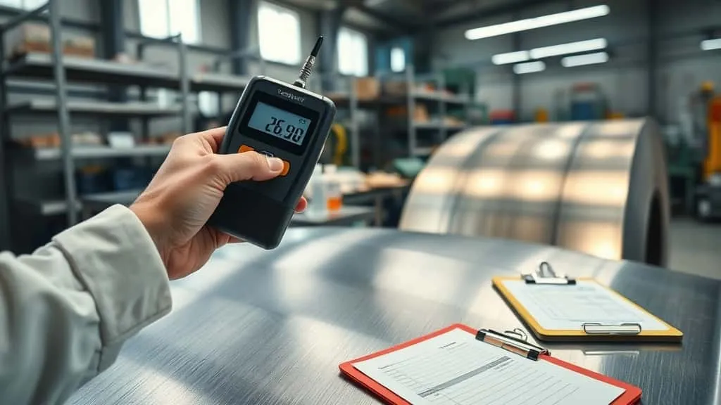 Portable handheld turbidity meter measuring surface cleanliness on a hot-rolled steel coil, with digital NTU display in crisp focus at a professional inspection station.