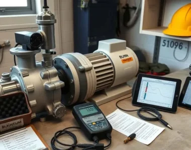 Dua teknisi Tim BUMN di depan pompa distribusi menggunakan vibration meter, data getaran tidak konsisten (4,2 mm/s vs 6,8 mm/s)