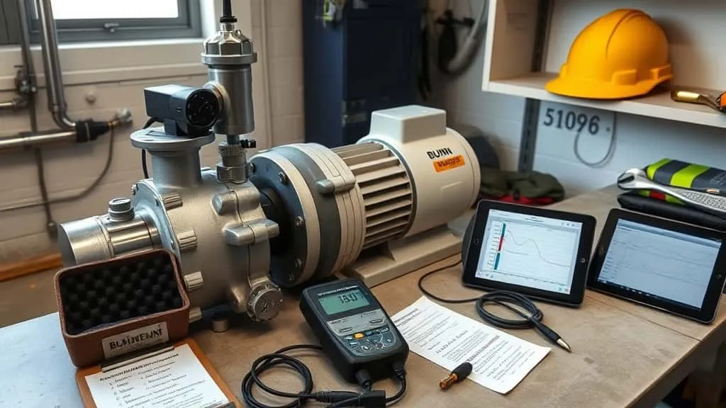 Dua teknisi Tim BUMN di depan pompa distribusi menggunakan vibration meter, data getaran tidak konsisten (4,2 mm/s vs 6,8 mm/s)