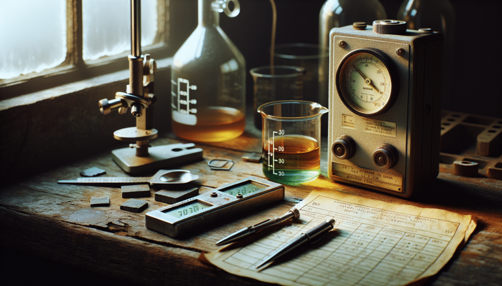 Close-up of an AMTAST colorimeter analyzing amber and green agrochemical liquid on a worn laboratory workbench.