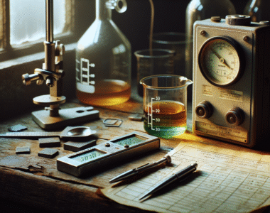 Close-up of an AMTAST colorimeter analyzing amber and green agrochemical liquid on a worn laboratory workbench.