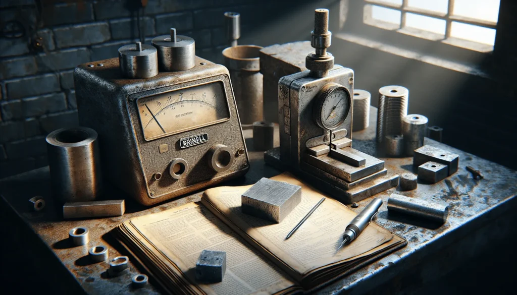 Two authentic industrial hardness testers, Brinell and UCI, on a worn workbench for ASTM A1038 vs ASTM E10 hardness testing methods.