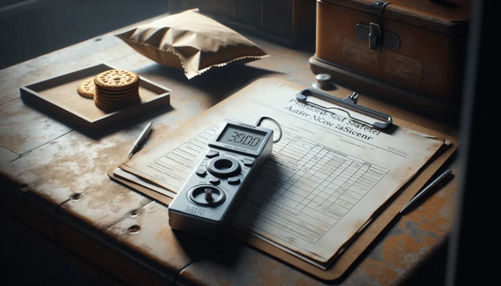 A food safety auditor's workspace with an FSSC 22000 checklist, water activity meter, and biscuit sample, illustrating internal audit control for suppliers.