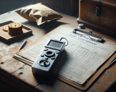 A food safety auditor's workspace with an FSSC 22000 checklist, water activity meter, and biscuit sample, illustrating internal audit control for suppliers.