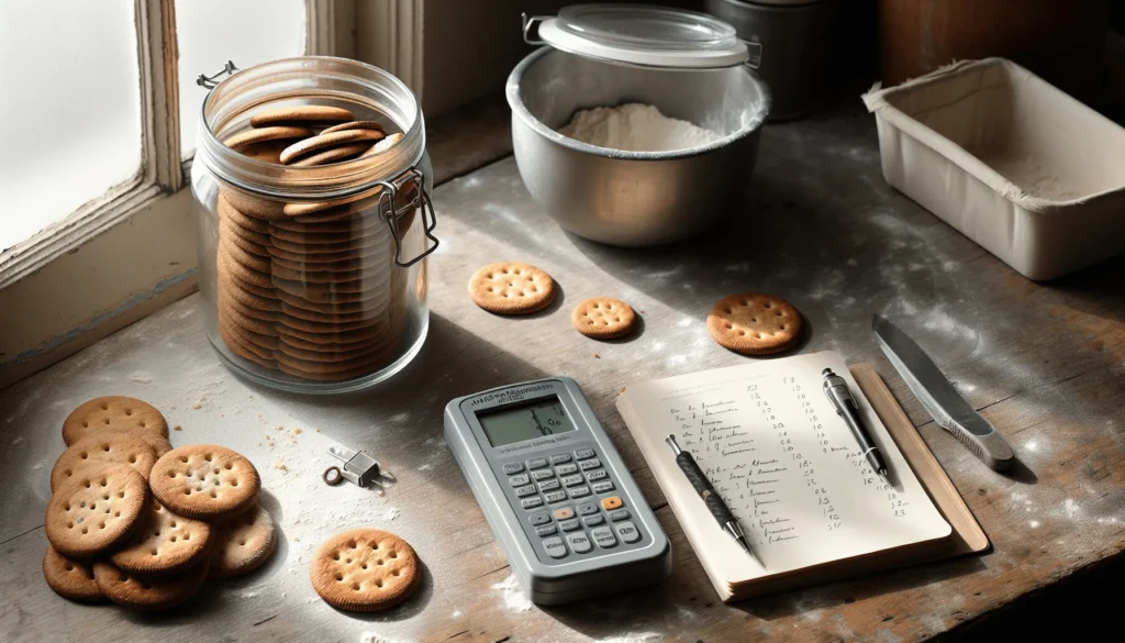 A weathered bakery countertop with a water activity meter next to soft biscuits in a jar, contrasted with fresh crisp biscuits, analyzing moisture migration for cookie texture.