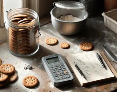 A weathered bakery countertop with a water activity meter next to soft biscuits in a jar, contrasted with fresh crisp biscuits, analyzing moisture migration for cookie texture.