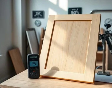 Industri finishing furnitur, pekerja memeriksa hasil kilap optimal pada panel kayu dengan alat ukur gloss meter di ruang kerja bersih, suhu dan kelembaban terkontrol.