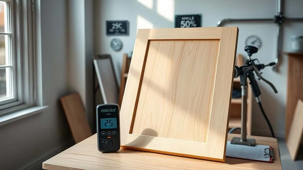 Industri finishing furnitur, pekerja memeriksa hasil kilap optimal pada panel kayu dengan alat ukur gloss meter di ruang kerja bersih, suhu dan kelembaban terkontrol.