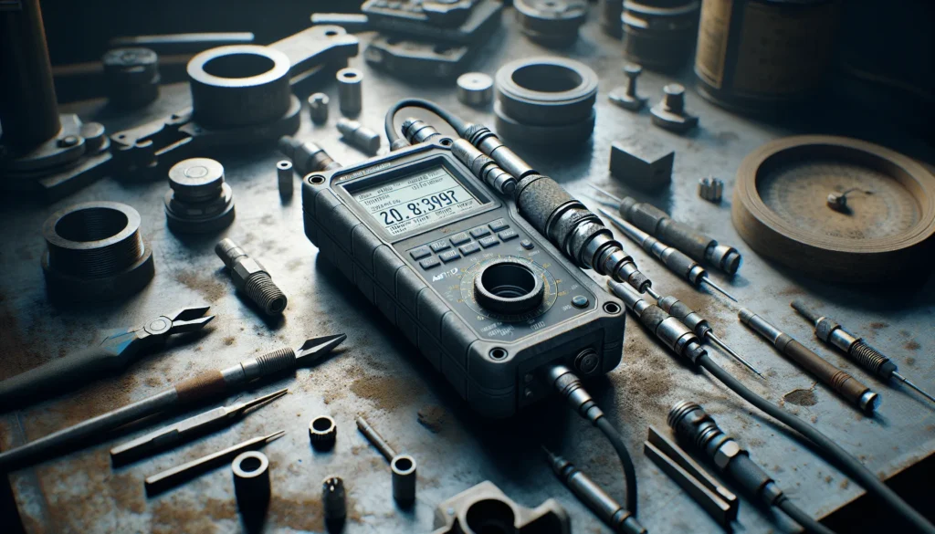 Close-up of an AMT216 hot-swap measurement device on a workbench, demonstrating auto-calibration for faster batch inspection in an authentic industrial setting.