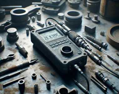 Close-up of an AMT216 hot-swap measurement device on a workbench, demonstrating auto-calibration for faster batch inspection in an authentic industrial setting.