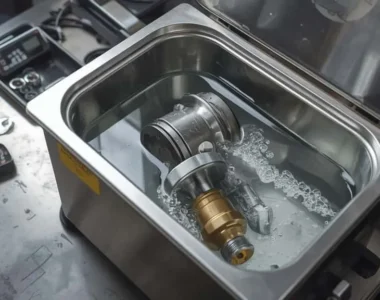 Membersihkan valve, fitting, pompa minyak dengan ultrasonic cleaner di bengkel profesional, komponen pompa dalam keranjang pembersih.