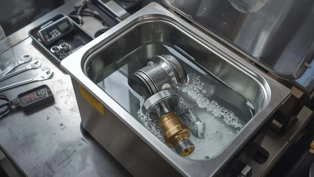 Membersihkan valve, fitting, pompa minyak dengan ultrasonic cleaner di bengkel profesional, komponen pompa dalam keranjang pembersih.