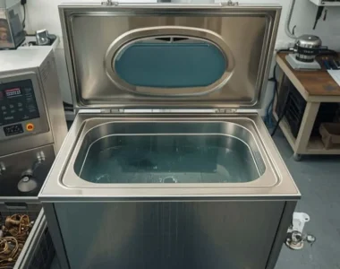 Ultrasonic cleaner industri baja tahan karat dengan keranjang komponen katup logam untuk perawatan peralatan migas di bengkel kerja.