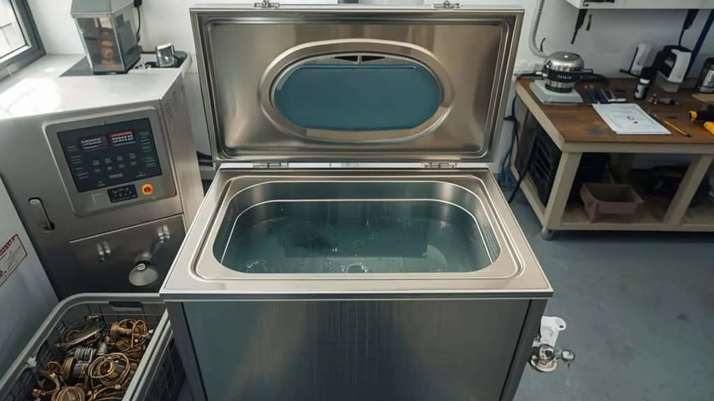 Ultrasonic cleaner industri baja tahan karat dengan keranjang komponen katup logam untuk perawatan peralatan migas di bengkel kerja.
