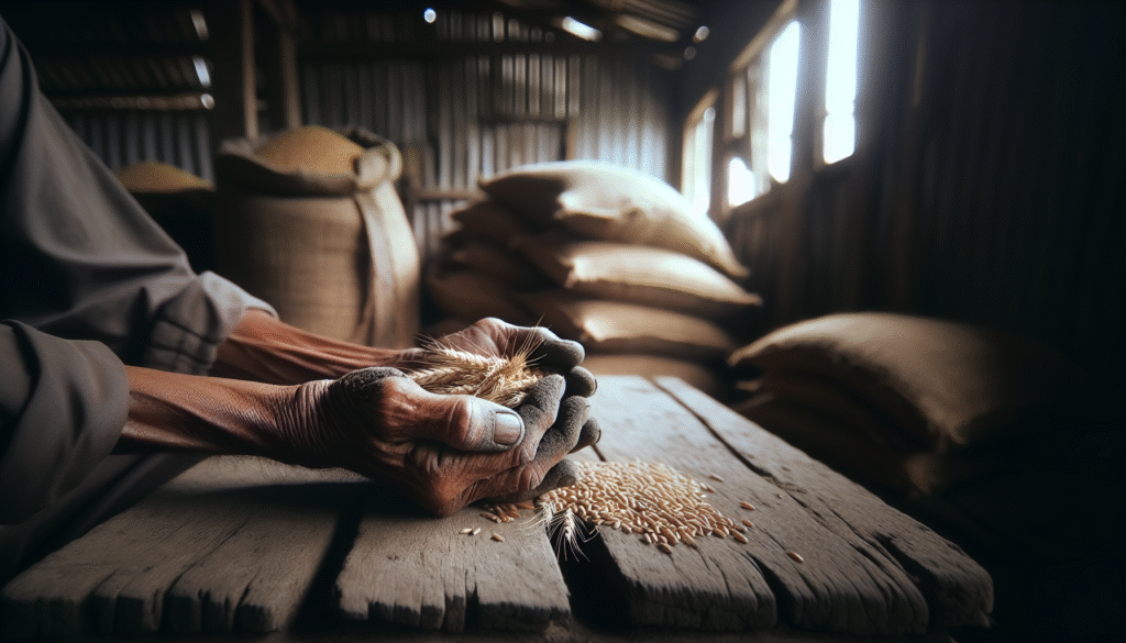 Weathered Indonesian farmer's hand holding wheat stalks on a rustic wooden table, illustrating strategies to prevent and overcome crop damage during the rainy season.