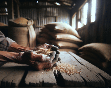 Weathered Indonesian farmer's hand holding wheat stalks on a rustic wooden table, illustrating strategies to prevent and overcome crop damage during the rainy season.