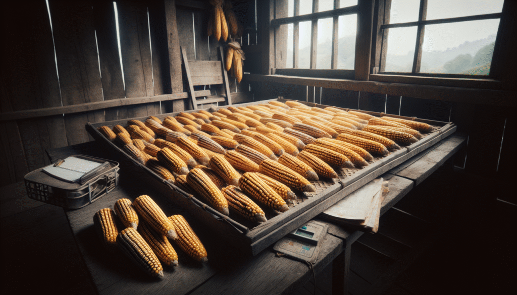 Weathered wooden drying rack filled with golden corn cobs in a traditional barn, illustrating traditional methods to prevent corn spoilage during long rainy seasons.