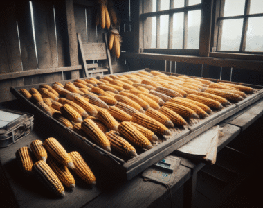 Weathered wooden drying rack filled with golden corn cobs in a traditional barn, illustrating traditional methods to prevent corn spoilage during long rainy seasons.