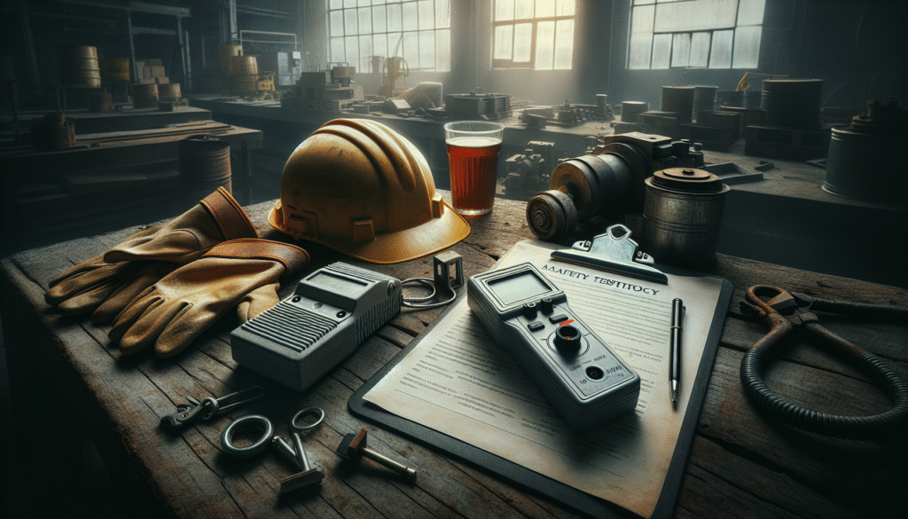 Alcohol tester device and safety gear on a workbench in a high-risk industrial workplace setting.