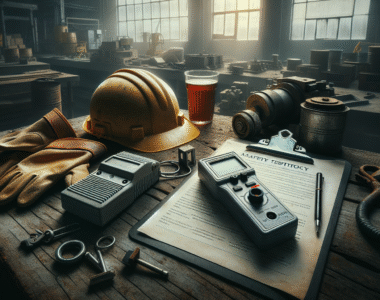 Alcohol tester device and safety gear on a workbench in a high-risk industrial workplace setting.