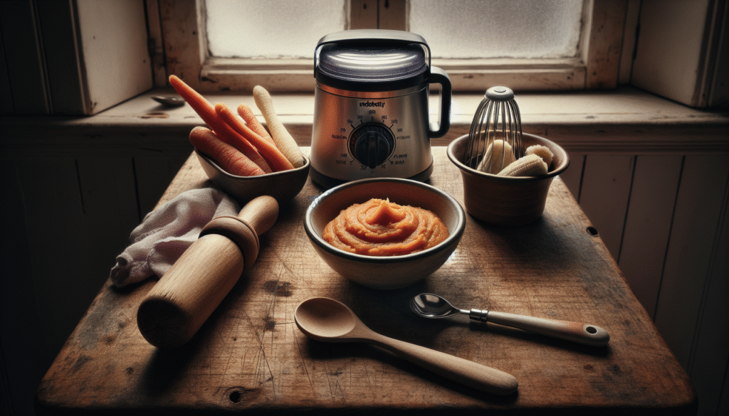 Pureed sweet potato, vegetables, and a food blender on a worn kitchen counter, illustrating how to adjust baby food consistency.