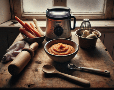 Pureed sweet potato, vegetables, and a food blender on a worn kitchen counter, illustrating how to adjust baby food consistency.