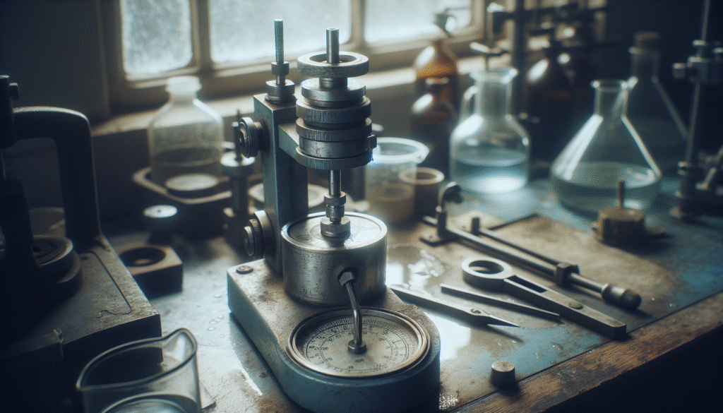 Rotary viscometer on a lab workbench measuring liquid, demonstrating viscosity control for product standardization.