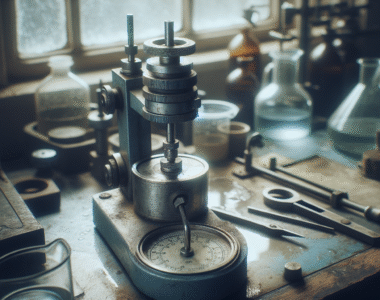Rotary viscometer on a lab workbench measuring liquid, demonstrating viscosity control for product standardization.