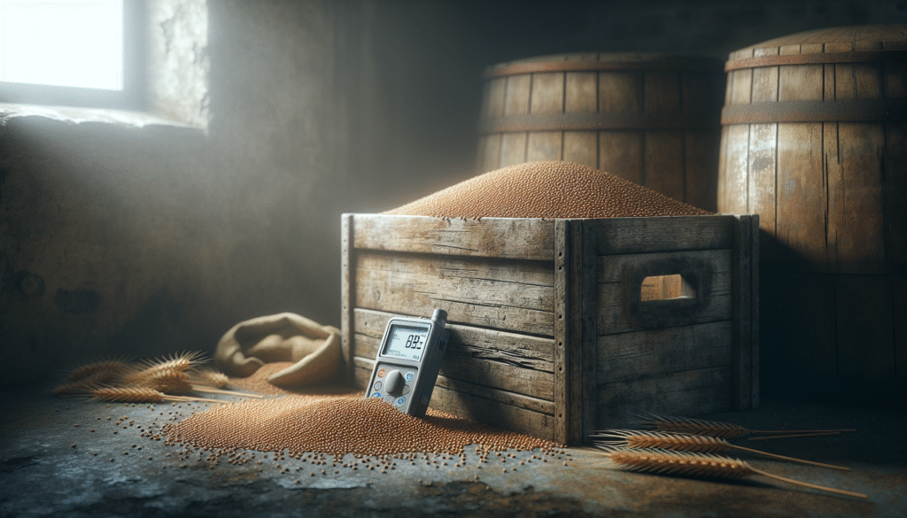 Weathered wooden grain storage bin in a rustic shed with a digital moisture meter on wheat grains, demonstrating optimal storage monitoring during the rainy season.