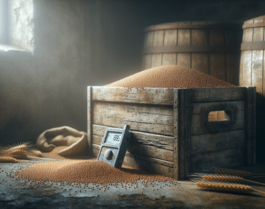 Weathered wooden grain storage bin in a rustic shed with a digital moisture meter on wheat grains, demonstrating optimal storage monitoring during the rainy season.