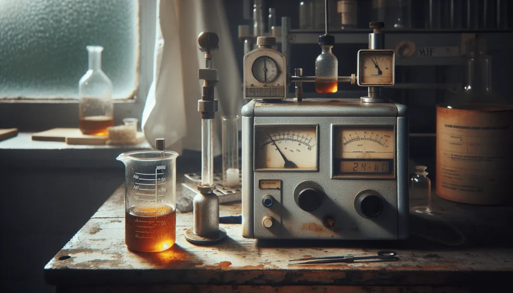 Two scientific instruments on a worn wooden worktable flank a glass beaker of amber coconut sugar syrup, measuring water activity for syrup quality testing.