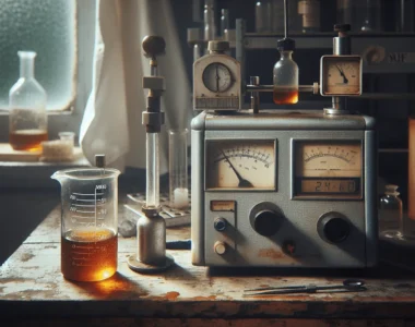 Two scientific instruments on a worn wooden worktable flank a glass beaker of amber coconut sugar syrup, measuring water activity for syrup quality testing.