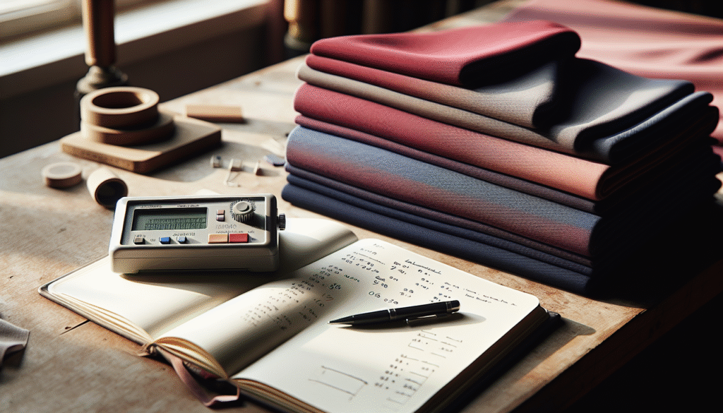 Professional AMTAST AMT506 colorimeter measuring color consistency for burgundy and navy hijab fabrics in a textile workspace.