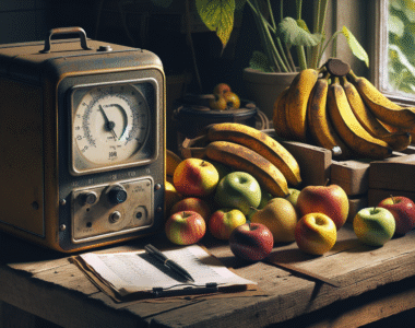 Colorimeter on a wooden table measuring color and ripeness of fresh apples and bananas in an agricultural workspace.
