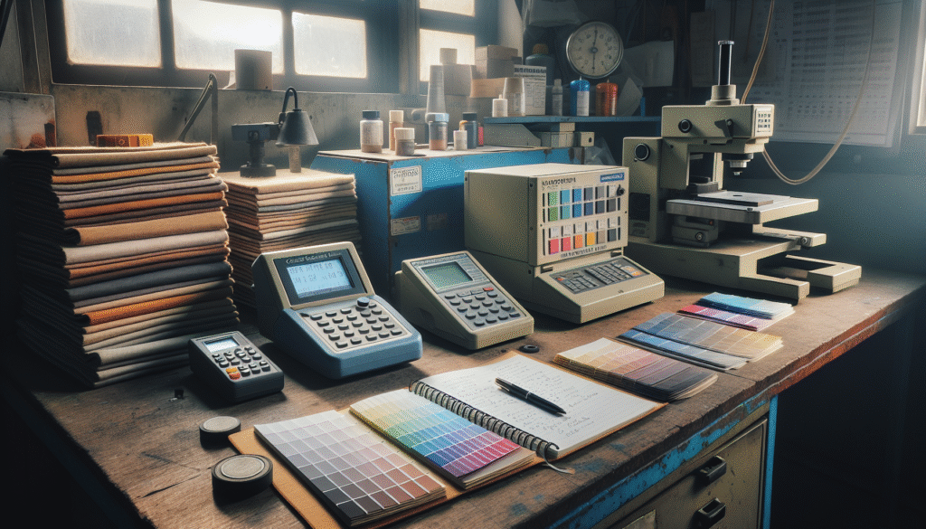 A compact colorimeter and a spectrophotometer on an industrial workbench in Indonesia, used for measuring fabric and paint colors in quality control.