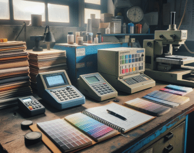 A compact colorimeter and a spectrophotometer on an industrial workbench in Indonesia, used for measuring fabric and paint colors in quality control.