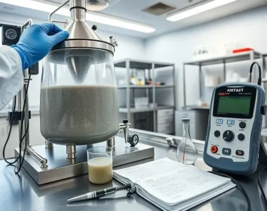 Laboratory technician adjusting temperature-controlled vessel for gasket slurry coating testing, with turbidity meter and stainless steel workbench.