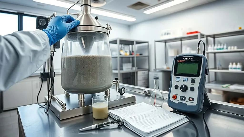Laboratory technician adjusting temperature-controlled vessel for gasket slurry coating testing, with turbidity meter and stainless steel workbench.