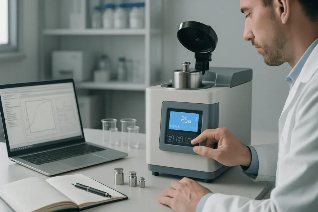 Teknisi mengkalibrasi kalorimeter bom digital oksigen untuk evaluasi otomatis vs manual, dengan laptop dan buku catatan di laboratorium kayu sengon.