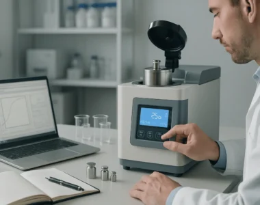 Teknisi mengkalibrasi kalorimeter bom digital oksigen untuk evaluasi otomatis vs manual, dengan laptop dan buku catatan di laboratorium kayu sengon.