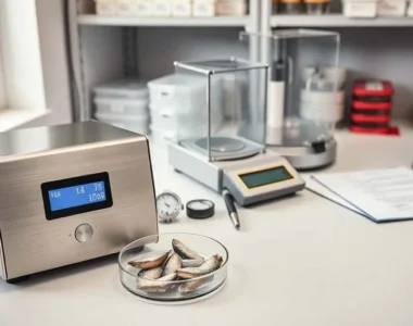 Moisture analyzer testing canned fish samples on laboratory workbench with environmental monitoring tools and analytical balance for food quality control measurement.
