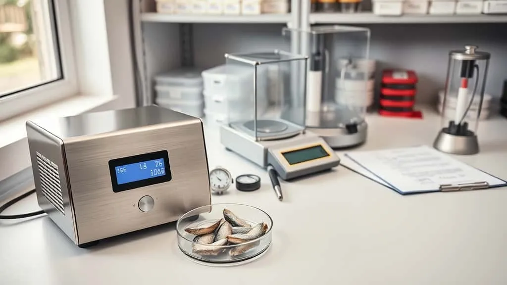 Moisture analyzer testing canned fish samples on laboratory workbench with environmental monitoring tools and analytical balance for food quality control measurement.